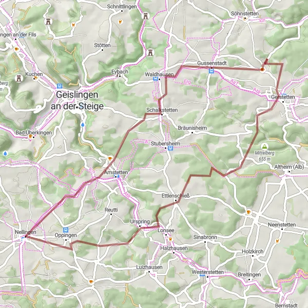 Map miniature of "Gravel Delight" cycling inspiration in Tübingen, Germany. Generated by Tarmacs.app cycling route planner