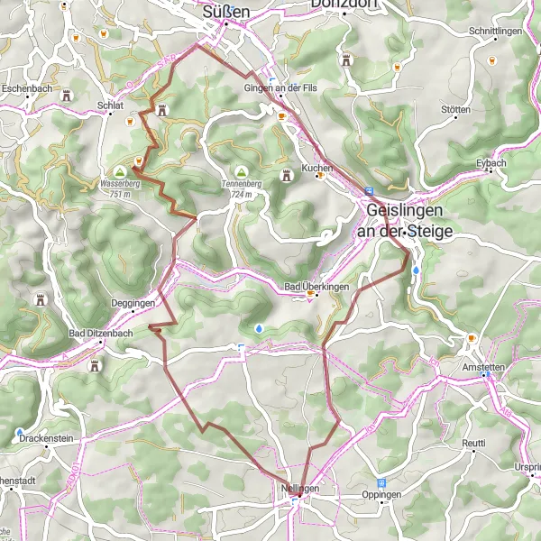 Karten-Miniaturansicht der Radinspiration "Gravelabenteuer durch Wasserberg und Hungerberg" in Tübingen, Germany. Erstellt vom Tarmacs.app-Routenplaner für Radtouren