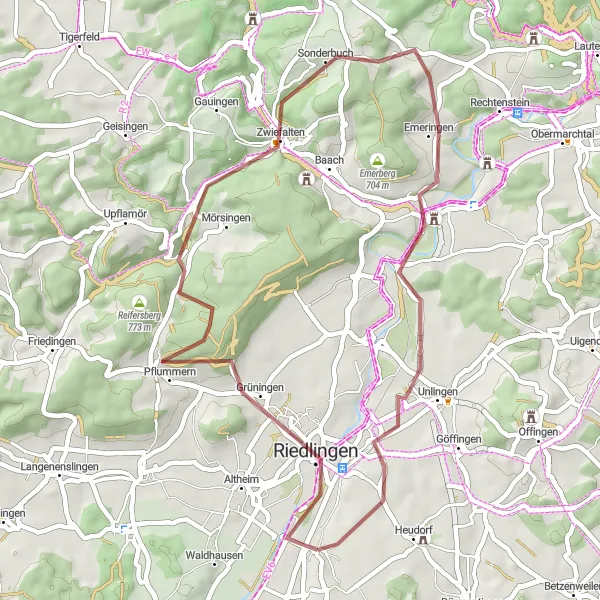 Map miniature of "Donau- und Stadtansicht Loop" cycling inspiration in Tübingen, Germany. Generated by Tarmacs.app cycling route planner