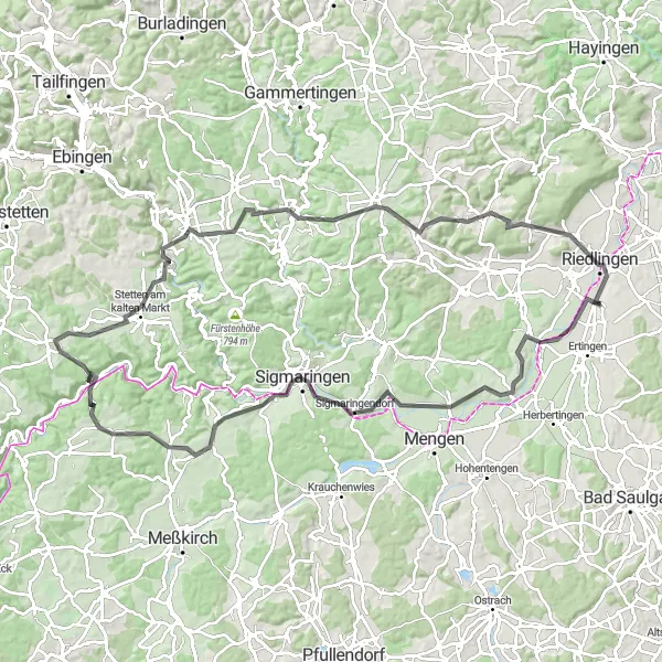 Map miniature of "Hundersingen Loop" cycling inspiration in Tübingen, Germany. Generated by Tarmacs.app cycling route planner
