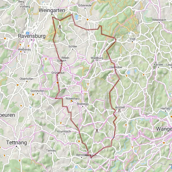 Karten-Miniaturansicht der Radinspiration "Gravel-Tour durch Grünkraut und Weingarten" in Tübingen, Germany. Erstellt vom Tarmacs.app-Routenplaner für Radtouren