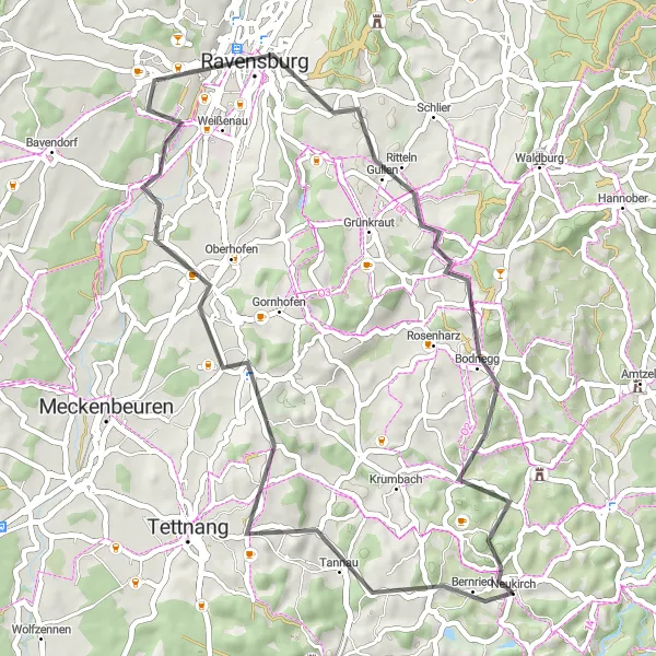 Karten-Miniaturansicht der Radinspiration "Radtour durch Ravensburg und Bodnegg" in Tübingen, Germany. Erstellt vom Tarmacs.app-Routenplaner für Radtouren