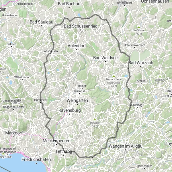 Karten-Miniaturansicht der Radinspiration "Große Rundtour über Meckenbeuren und Ingoldingen" in Tübingen, Germany. Erstellt vom Tarmacs.app-Routenplaner für Radtouren