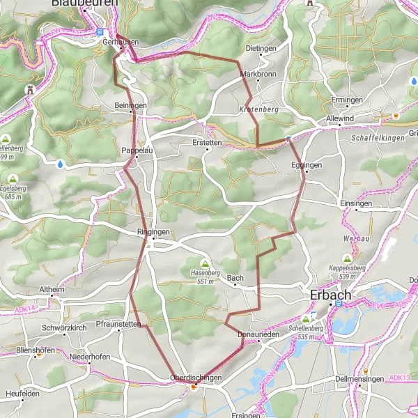Map miniature of "Gravel Cycling Route: Oberdischingen to Bismarck" cycling inspiration in Tübingen, Germany. Generated by Tarmacs.app cycling route planner
