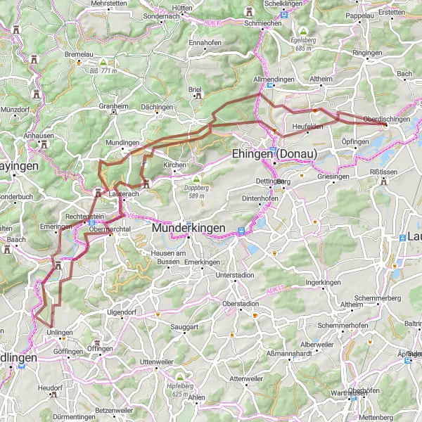 Map miniature of "Gravel Cycling Route: Oberdischingen to Hausen ob Allmendingen" cycling inspiration in Tübingen, Germany. Generated by Tarmacs.app cycling route planner