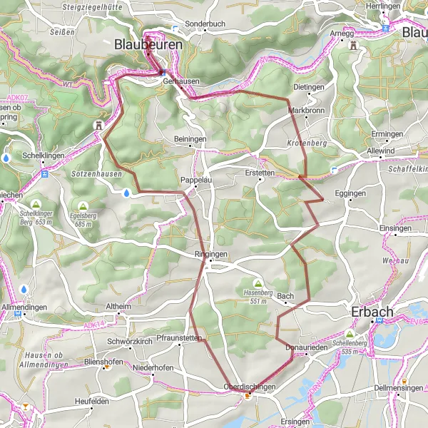 Map miniature of "Gravel Cycling Route: Oberdischingen to Bischoffelsen" cycling inspiration in Tübingen, Germany. Generated by Tarmacs.app cycling route planner
