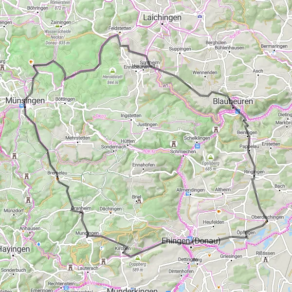 Map miniature of "The Danube Valley Ride" cycling inspiration in Tübingen, Germany. Generated by Tarmacs.app cycling route planner