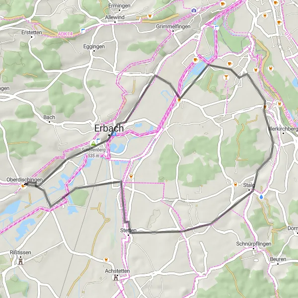 Map miniature of "Road Cycling Route: Oberdischingen to Ersingen" cycling inspiration in Tübingen, Germany. Generated by Tarmacs.app cycling route planner