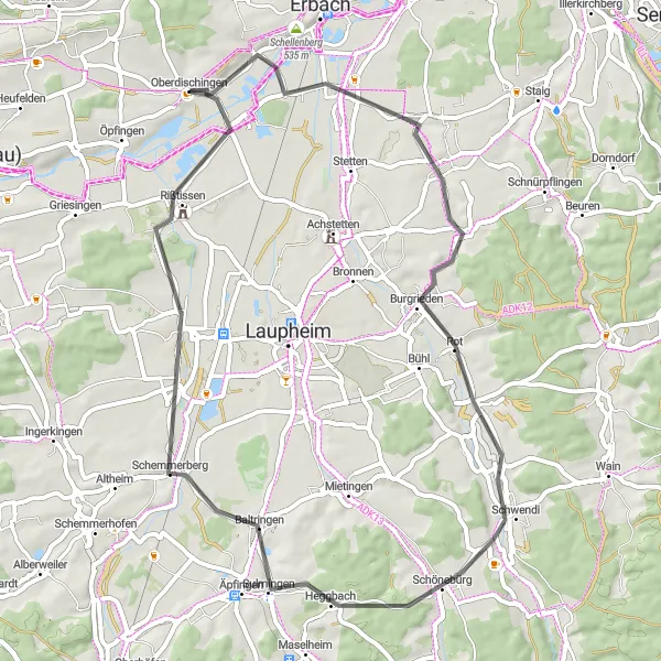 Map miniature of "Road Cycling Route: Oberdischingen to Untersulmetingen" cycling inspiration in Tübingen, Germany. Generated by Tarmacs.app cycling route planner