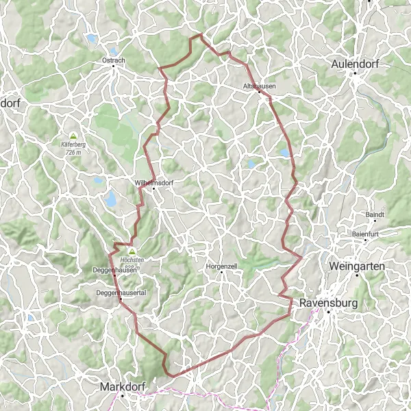 Map miniature of "Challenging Gravel Escape: Oberteuringen Circuit" cycling inspiration in Tübingen, Germany. Generated by Tarmacs.app cycling route planner
