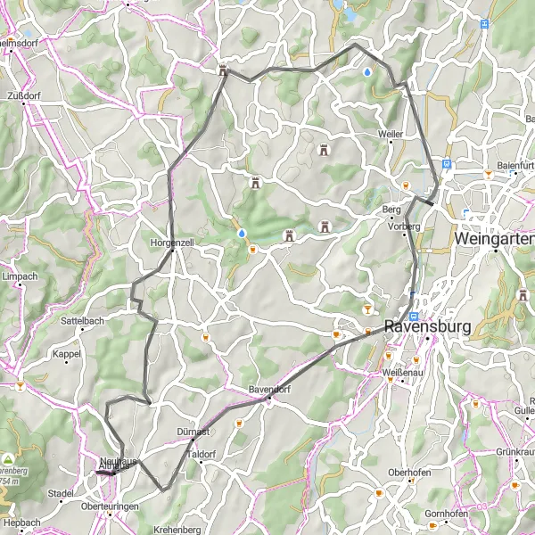 Karten-Miniaturansicht der Radinspiration "Entdeckungstour durch Blitzenreute und Bavendorf" in Tübingen, Germany. Erstellt vom Tarmacs.app-Routenplaner für Radtouren