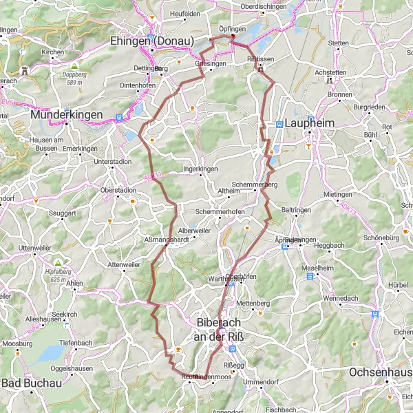 Map miniature of "Öpfingen Loop" cycling inspiration in Tübingen, Germany. Generated by Tarmacs.app cycling route planner