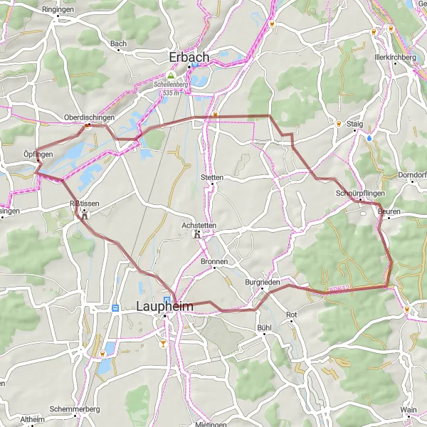 Map miniature of "Öpfingen Exploration" cycling inspiration in Tübingen, Germany. Generated by Tarmacs.app cycling route planner