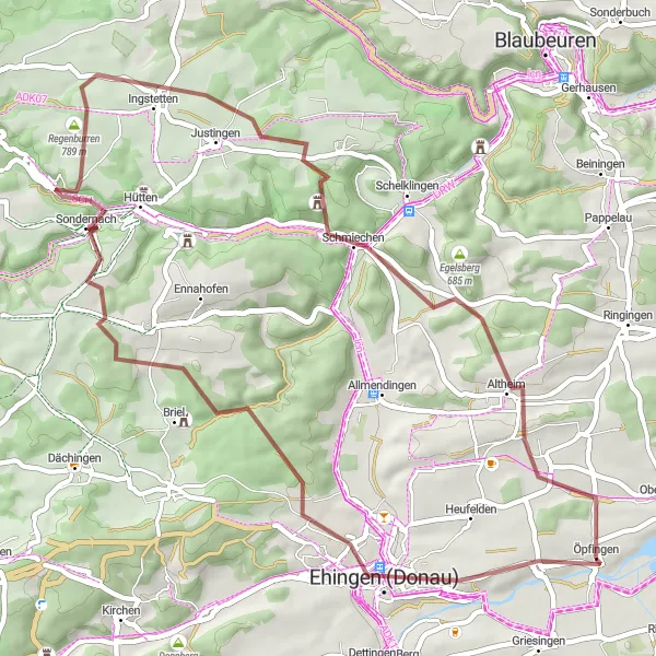 Map miniature of "The Forests and Ruins Gravel Route" cycling inspiration in Tübingen, Germany. Generated by Tarmacs.app cycling route planner