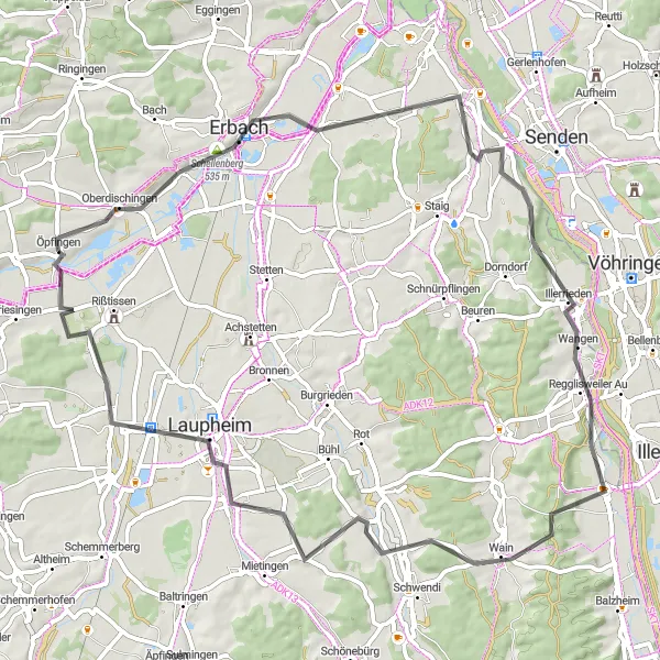 Map miniature of "Iller Valley" cycling inspiration in Tübingen, Germany. Generated by Tarmacs.app cycling route planner