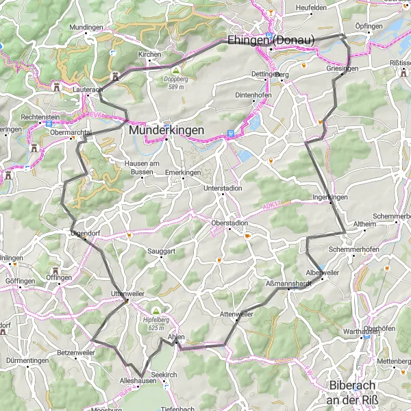 Map miniature of "Donau Valley" cycling inspiration in Tübingen, Germany. Generated by Tarmacs.app cycling route planner