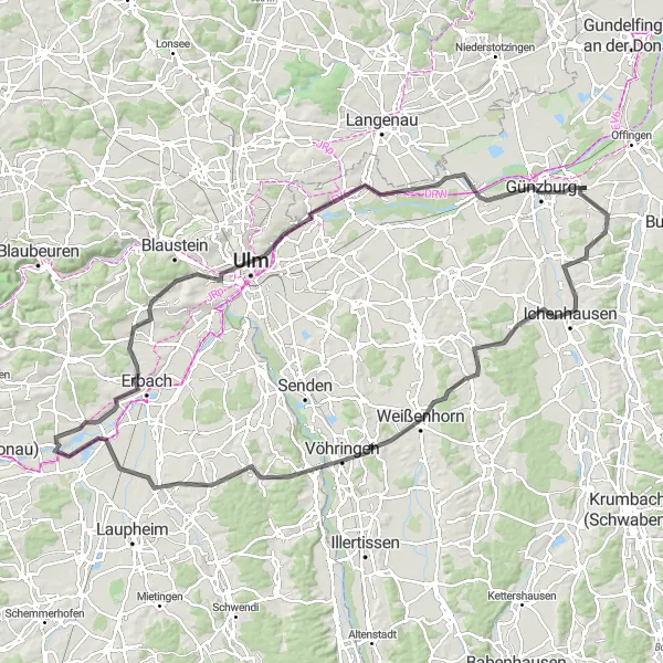 Map miniature of "Aulendorf Loop" cycling inspiration in Tübingen, Germany. Generated by Tarmacs.app cycling route planner