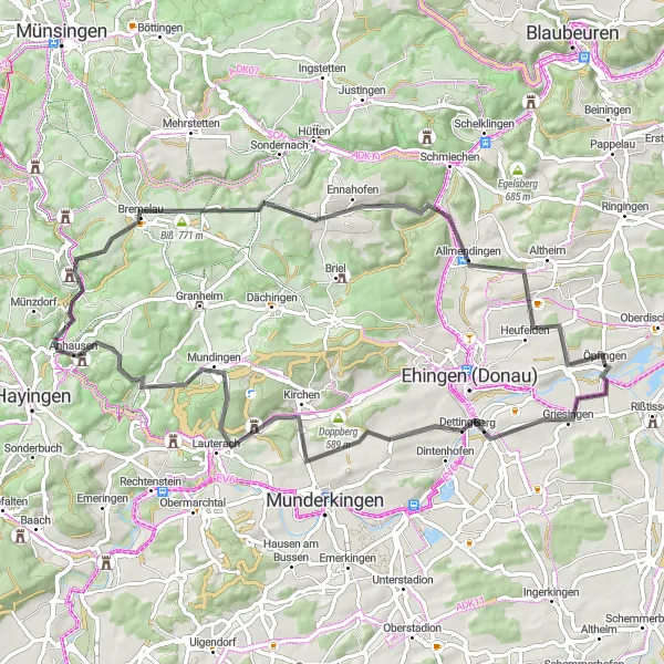 Map miniature of "Lautertal Circuit" cycling inspiration in Tübingen, Germany. Generated by Tarmacs.app cycling route planner