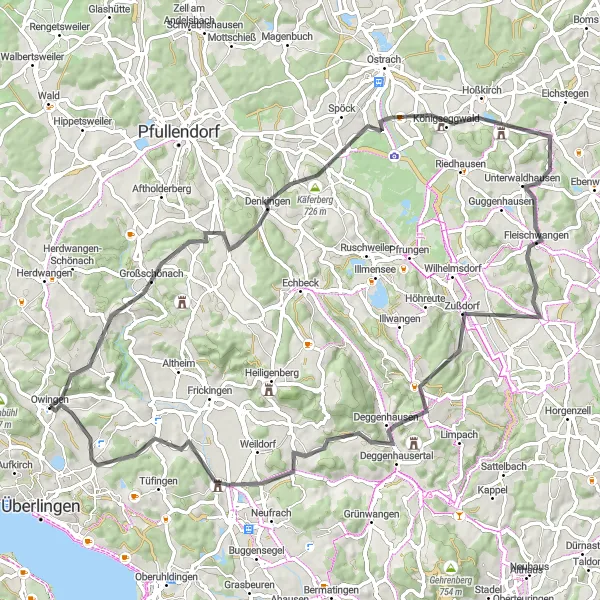 Karten-Miniaturansicht der Radinspiration "Die Höhepunkte von Großschönach bis Owingen" in Tübingen, Germany. Erstellt vom Tarmacs.app-Routenplaner für Radtouren