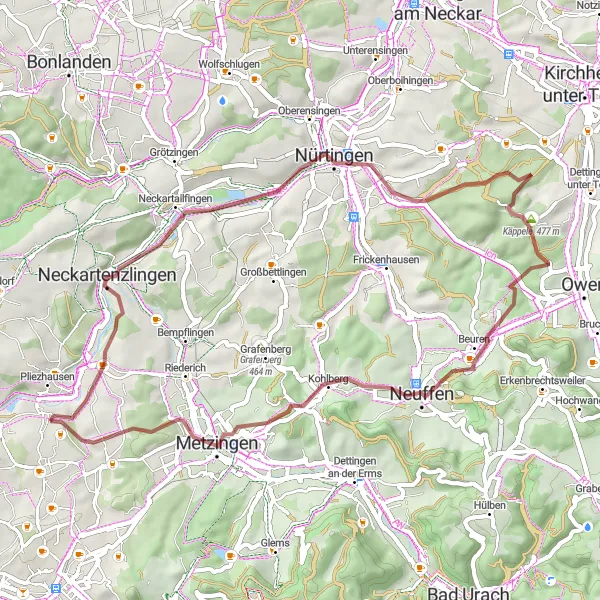 Map miniature of "The Gravel Adventure through Neckartenzlingen and Metzingen" cycling inspiration in Tübingen, Germany. Generated by Tarmacs.app cycling route planner