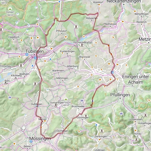 Map miniature of "Pliezhausen-Spitalhof-Öschingen-Tübingen Uni / Neue Aula-Österberg-Pliezhausen" cycling inspiration in Tübingen, Germany. Generated by Tarmacs.app cycling route planner