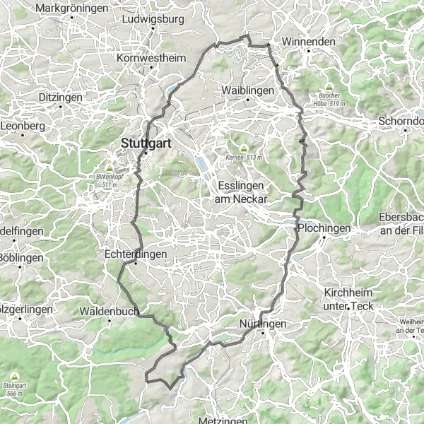 Map miniature of "Pliezhausen-Walddorf-Uhlbergturm-Degerloch-Wielandshöhe-Burg Hofen-Landungsbrücke Fellbach-Berghäusle-Beutelsbach-Zizishausen-Dörnach-Pliezhausen" cycling inspiration in Tübingen, Germany. Generated by Tarmacs.app cycling route planner