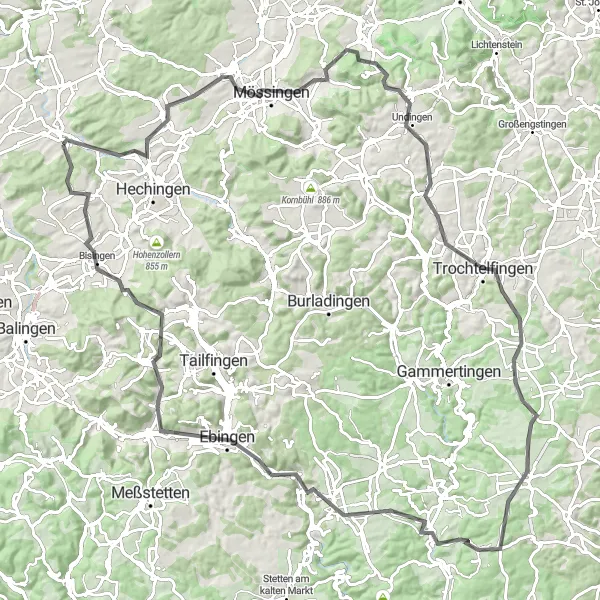 Map miniature of "Road Cycling Loop from Rangendingen" cycling inspiration in Tübingen, Germany. Generated by Tarmacs.app cycling route planner