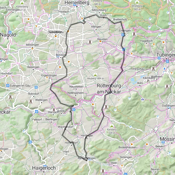 Map miniature of "Road route through Schloss Wachendorf and Rottenburg am Neckar" cycling inspiration in Tübingen, Germany. Generated by Tarmacs.app cycling route planner