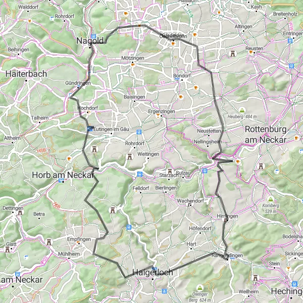 Map miniature of "Road route through Kapf with Kreuz and Schloss Haigerloch" cycling inspiration in Tübingen, Germany. Generated by Tarmacs.app cycling route planner