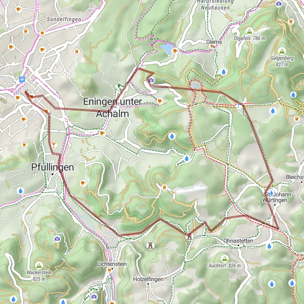Map miniature of "The Gravel Adventure: Reutlingen to Achalm Loop" cycling inspiration in Tübingen, Germany. Generated by Tarmacs.app cycling route planner