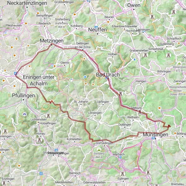 Map miniature of "The Gravel Loop - Discovering Metzingen and Bad Urach" cycling inspiration in Tübingen, Germany. Generated by Tarmacs.app cycling route planner