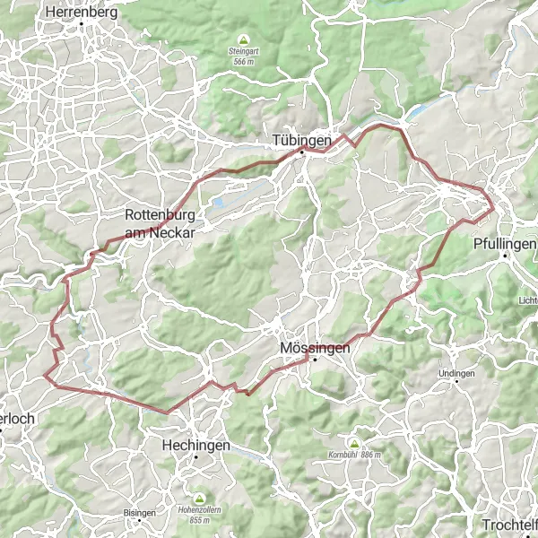 Map miniature of "The Gran Fondo - Conquering Mössingen and Tübingen" cycling inspiration in Tübingen, Germany. Generated by Tarmacs.app cycling route planner