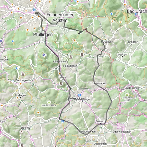 Map miniature of "The Scenic Road Loop - Exploring Eningen unter Achalm and Pfullingen" cycling inspiration in Tübingen, Germany. Generated by Tarmacs.app cycling route planner