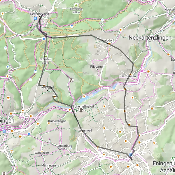 Map miniature of "Nature's Bliss" cycling inspiration in Tübingen, Germany. Generated by Tarmacs.app cycling route planner