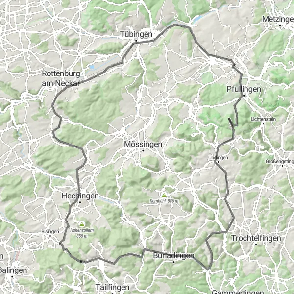 Map miniature of "The Road Challenge - From Tübingen to Wannweil" cycling inspiration in Tübingen, Germany. Generated by Tarmacs.app cycling route planner