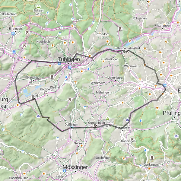 Map miniature of "Swabian Gem" cycling inspiration in Tübingen, Germany. Generated by Tarmacs.app cycling route planner