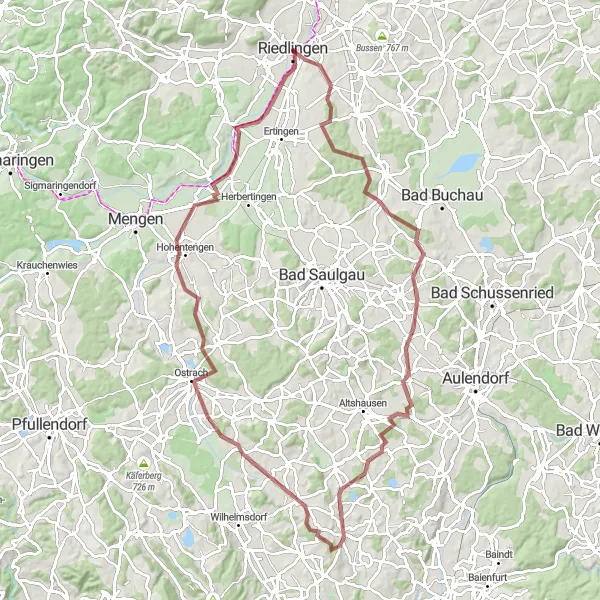 Map miniature of "Riedlingen Gravel Loop" cycling inspiration in Tübingen, Germany. Generated by Tarmacs.app cycling route planner