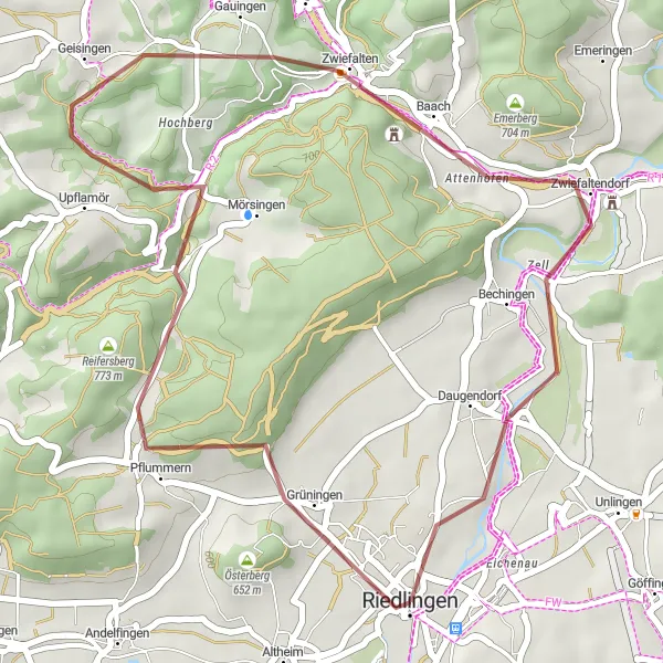 Map miniature of "Zwiefalten and Riedlingen Gravel Adventure" cycling inspiration in Tübingen, Germany. Generated by Tarmacs.app cycling route planner