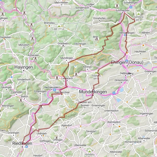 Map miniature of "Obermarchtal Gravel Adventure" cycling inspiration in Tübingen, Germany. Generated by Tarmacs.app cycling route planner