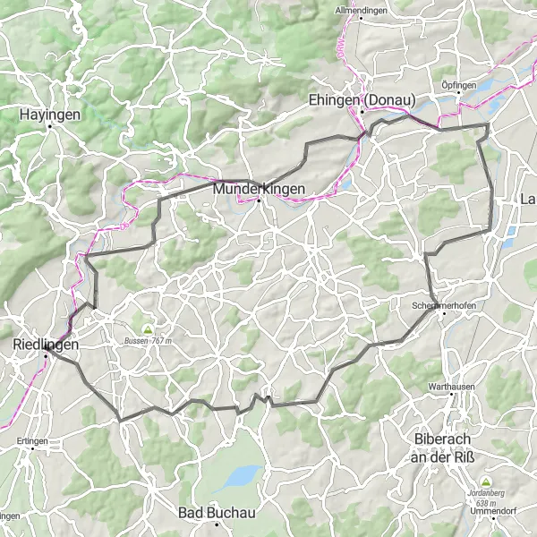 Map miniature of "Obermarchtal to Lichtenstein Loop" cycling inspiration in Tübingen, Germany. Generated by Tarmacs.app cycling route planner