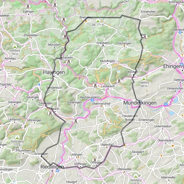 Map miniature of "Hayingen and Riedlingen Loop" cycling inspiration in Tübingen, Germany. Generated by Tarmacs.app cycling route planner