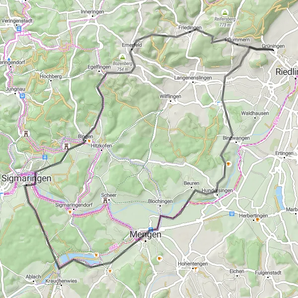 Map miniature of "Mengen Road Loop" cycling inspiration in Tübingen, Germany. Generated by Tarmacs.app cycling route planner