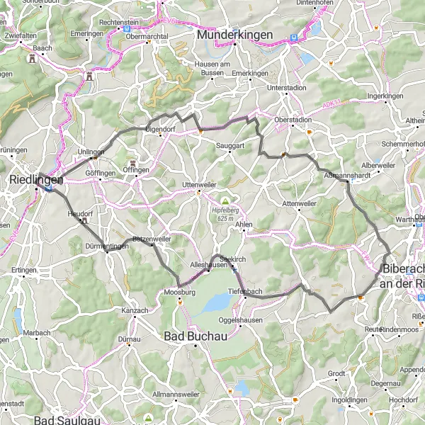Map miniature of "Hilly Road Adventure from Riedlingen" cycling inspiration in Tübingen, Germany. Generated by Tarmacs.app cycling route planner