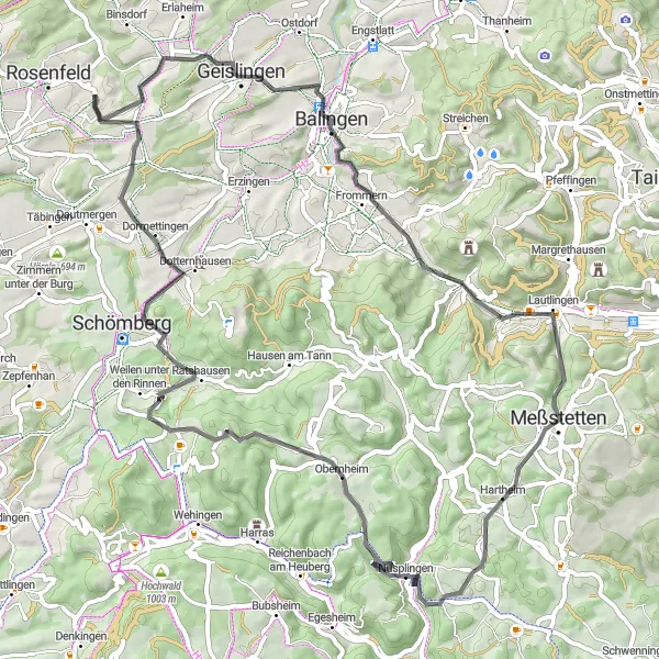 Map miniature of "The Road to Adventure" cycling inspiration in Tübingen, Germany. Generated by Tarmacs.app cycling route planner