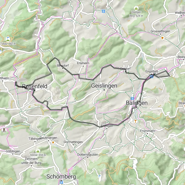 Map miniature of "Easy Ride to Rosenfeld" cycling inspiration in Tübingen, Germany. Generated by Tarmacs.app cycling route planner