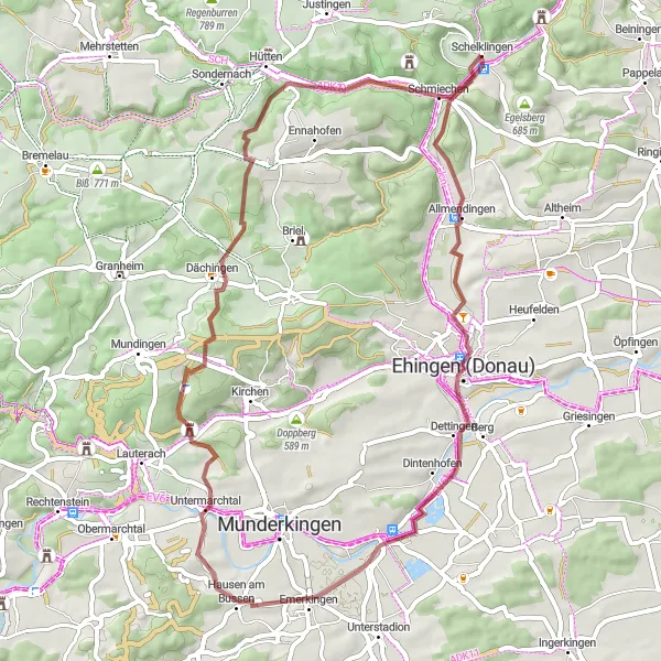 Map miniature of "Ehingen Gravel Adventure" cycling inspiration in Tübingen, Germany. Generated by Tarmacs.app cycling route planner