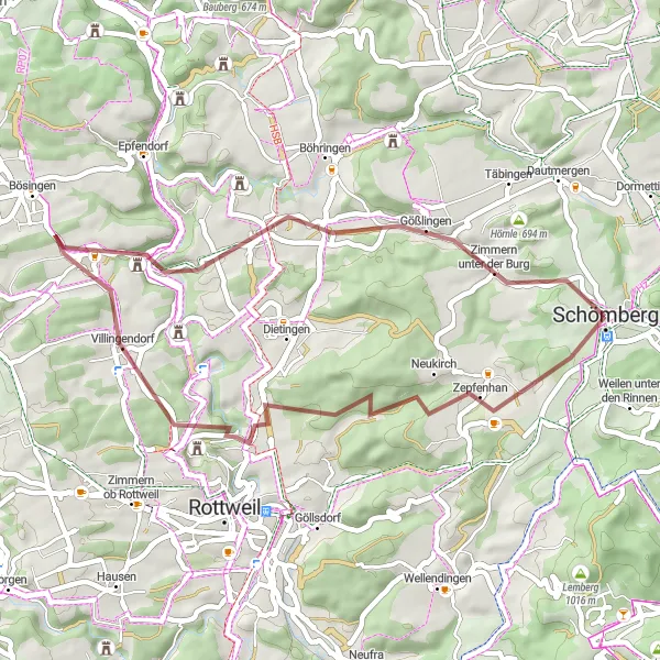 Map miniature of "Zimmern Gravel Ride" cycling inspiration in Tübingen, Germany. Generated by Tarmacs.app cycling route planner