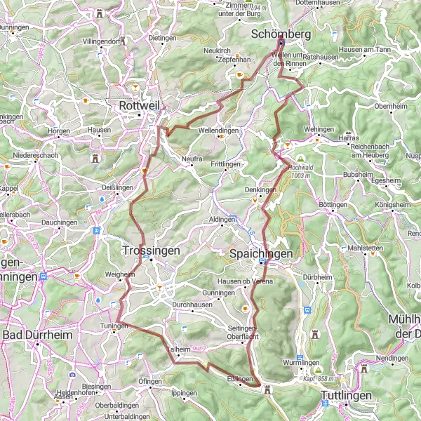 Map miniature of "Visiting the Lemberg Peak" cycling inspiration in Tübingen, Germany. Generated by Tarmacs.app cycling route planner