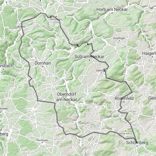 Map miniature of "Sulz am Neckar Circuit" cycling inspiration in Tübingen, Germany. Generated by Tarmacs.app cycling route planner