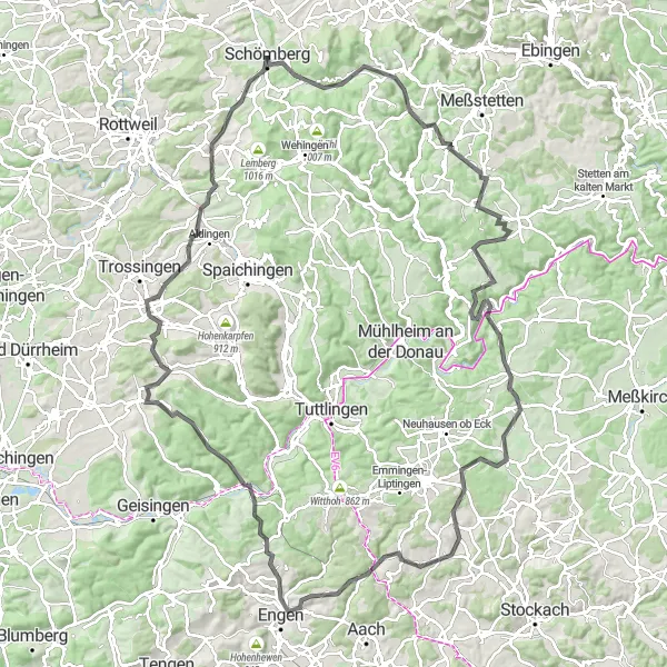 Map miniature of "Oberes Donautal Loop" cycling inspiration in Tübingen, Germany. Generated by Tarmacs.app cycling route planner